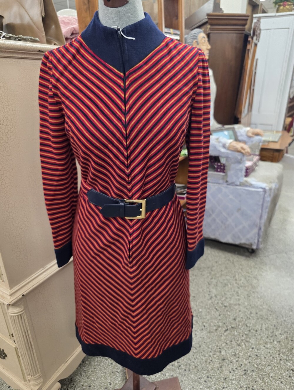 Navy and Red Striped Long-Sleeve Knit Dress with Belt Vintage SIZE S/M ?